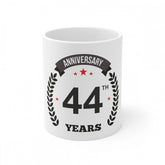 White ceramic 44th anniversary printed coffee mug, 330ml capacity